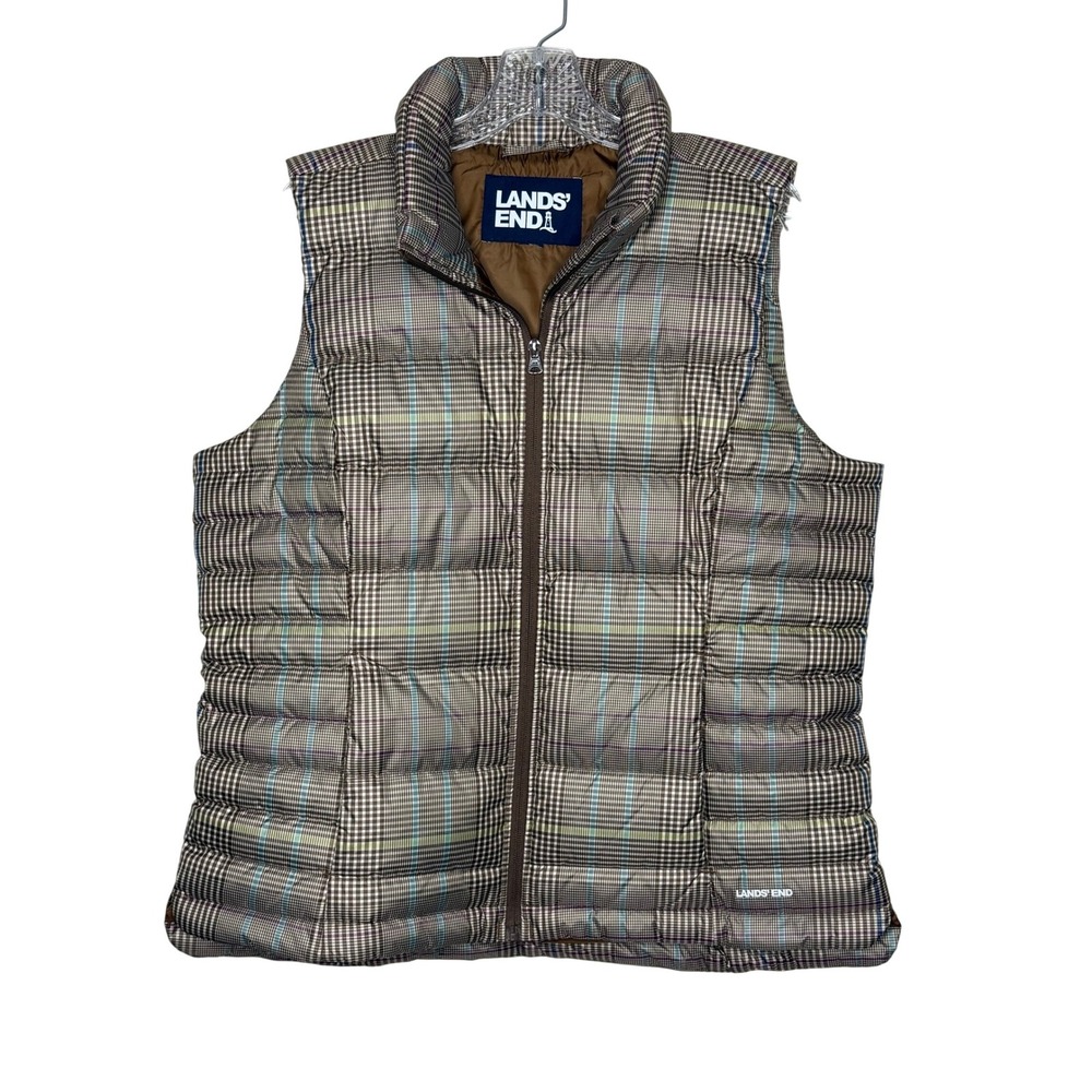 Lands' End Quilted Plaid Puffer Vest in Brown and Tan